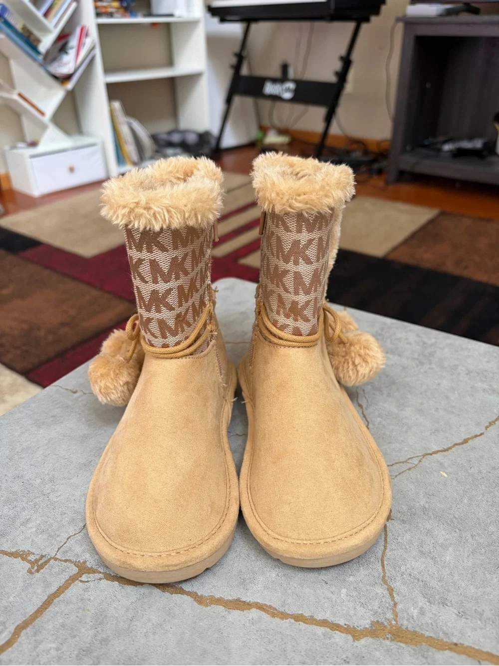 Michael Kors Kids Beige/Tan Faux-Fur Pom Pom Logo Boots